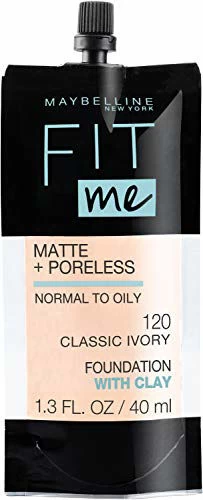Maybelline New York Maybelline Fit Me Matte + Poreless Liquid Foundation, Face Makeup, Mess-Free No Waste Pouch Format, Normal To Oily Skin Types, 120 Classic Ivory, 1.3 Fl Oz
